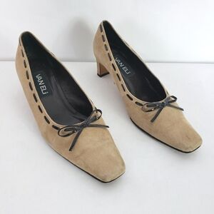 Vaneli tan suede square toe pump black lace wide heel